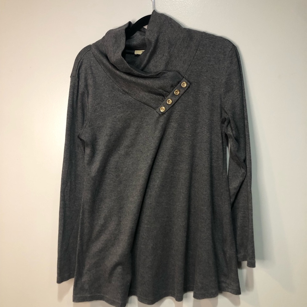 Miusey Gray Button Neckline Drape Sweater Cowl Neck Long Sleeve Shawl
